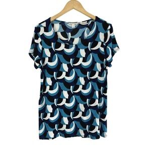 Dana Buchman Blouse Womens Large Blue White Geometric Y2K 90s Style Retro Travel